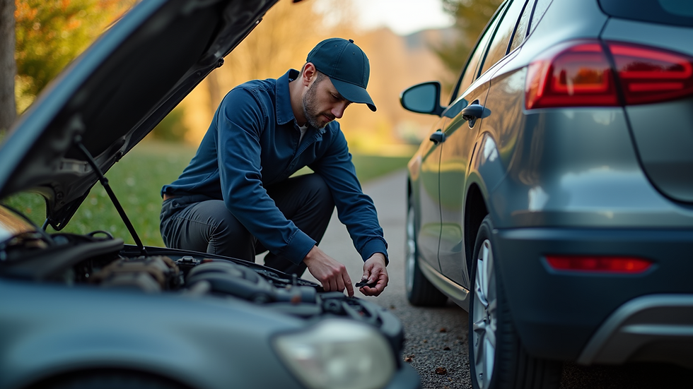 Close-up view of a mobile mechanic working on a car in a driveway