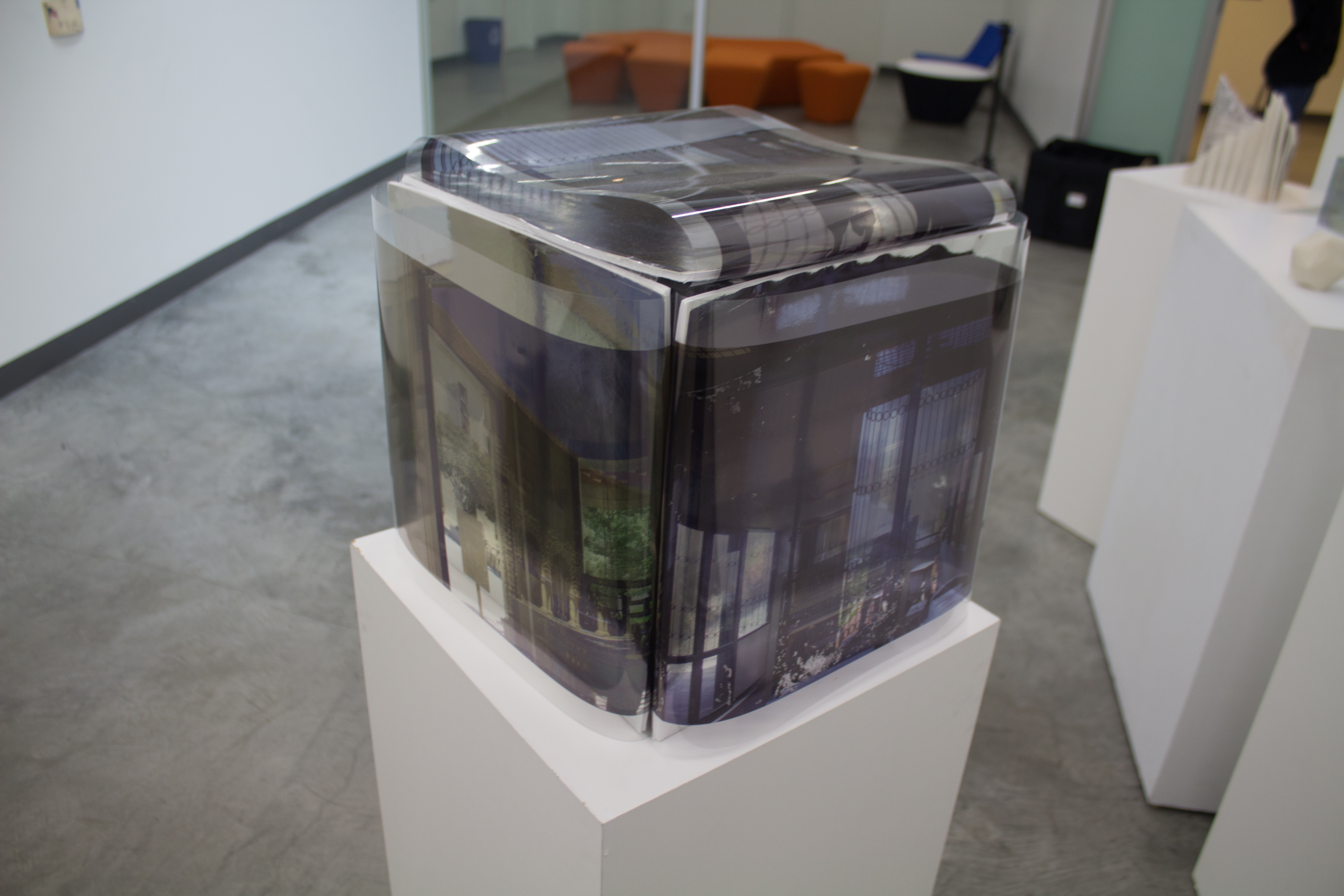Reflective Photo Cube of Sanford scenes printed on film and then placed in front of mirrors