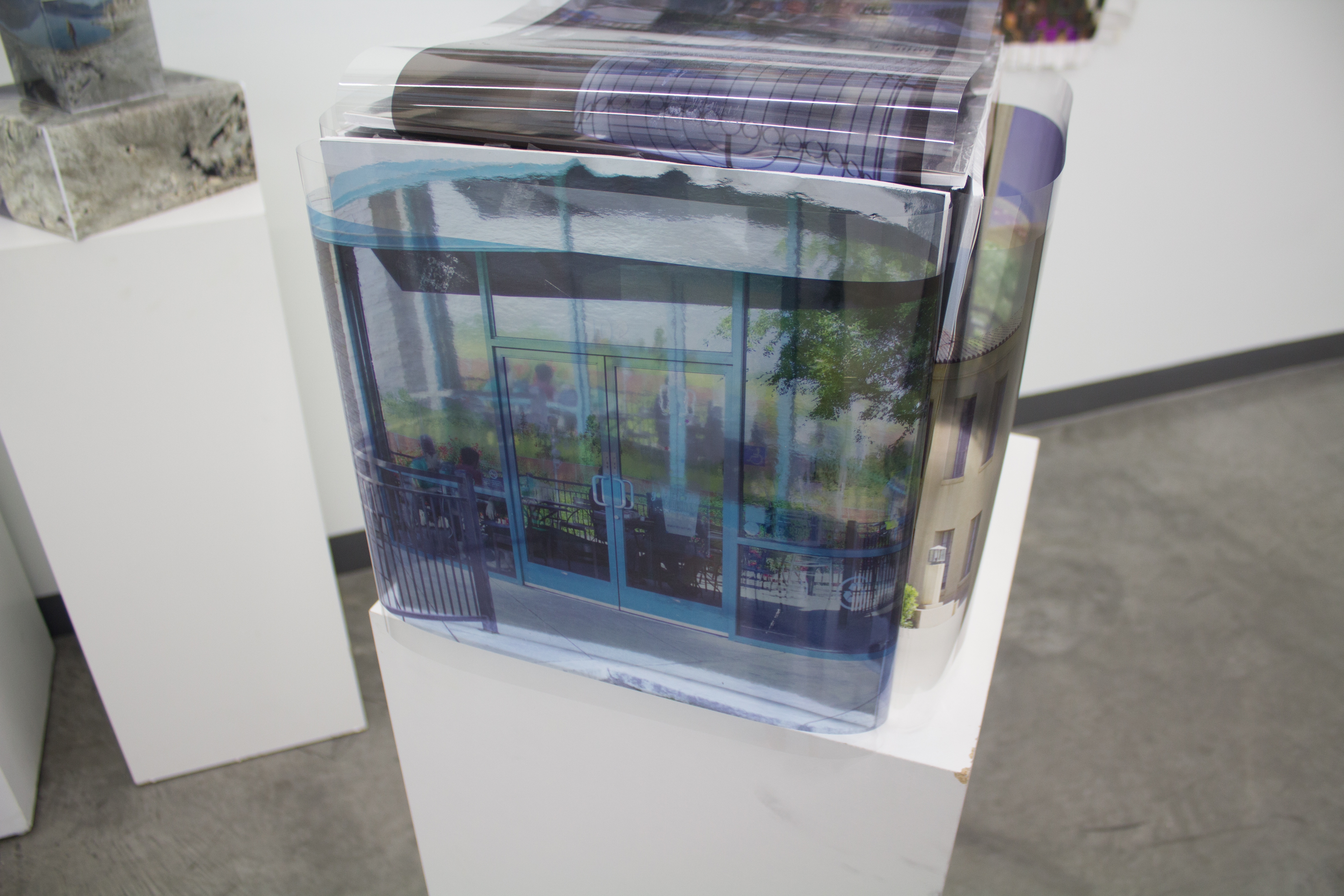 Reflective Photo Cube of Sanford scenes printed on film and then placed in front of mirrors