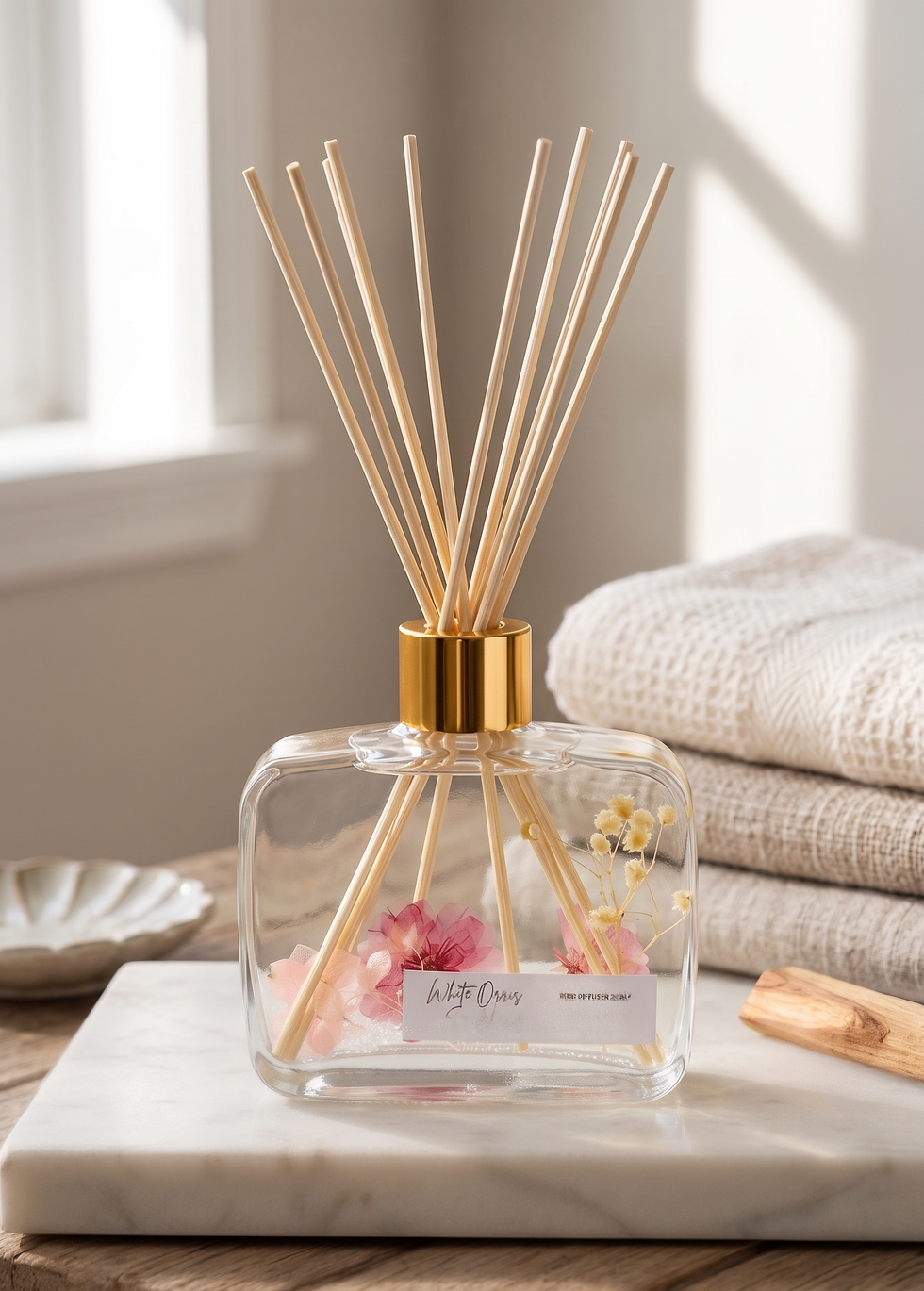 Botanical reed diffuser with pink flowers and gold cap