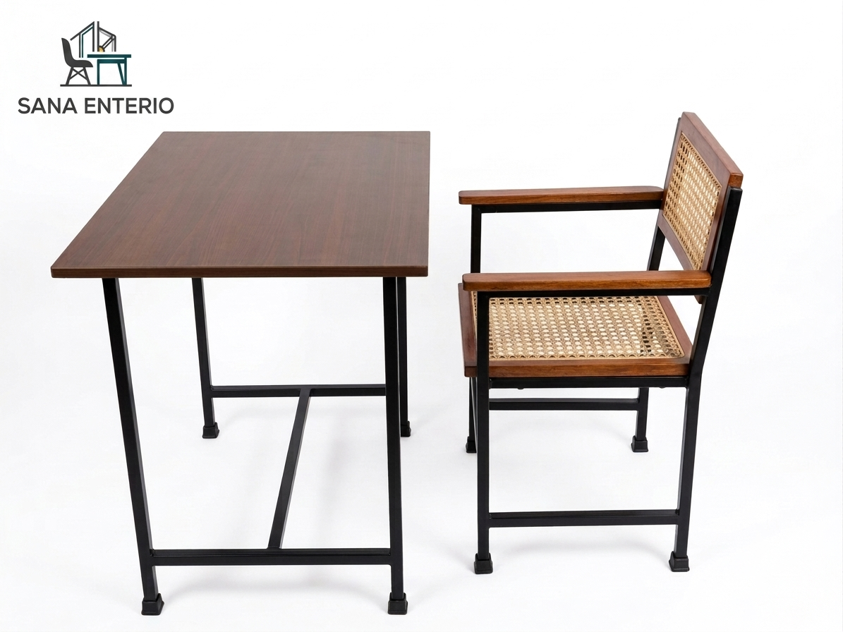 Staff chair and table set for classroom with rattan seat