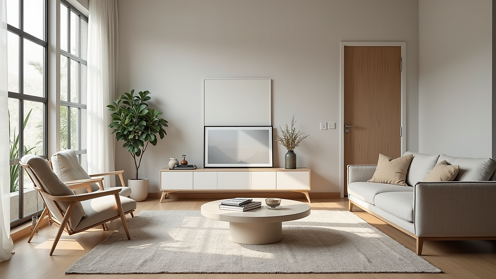 Eye-level view of a modern living room with minimalist furniture