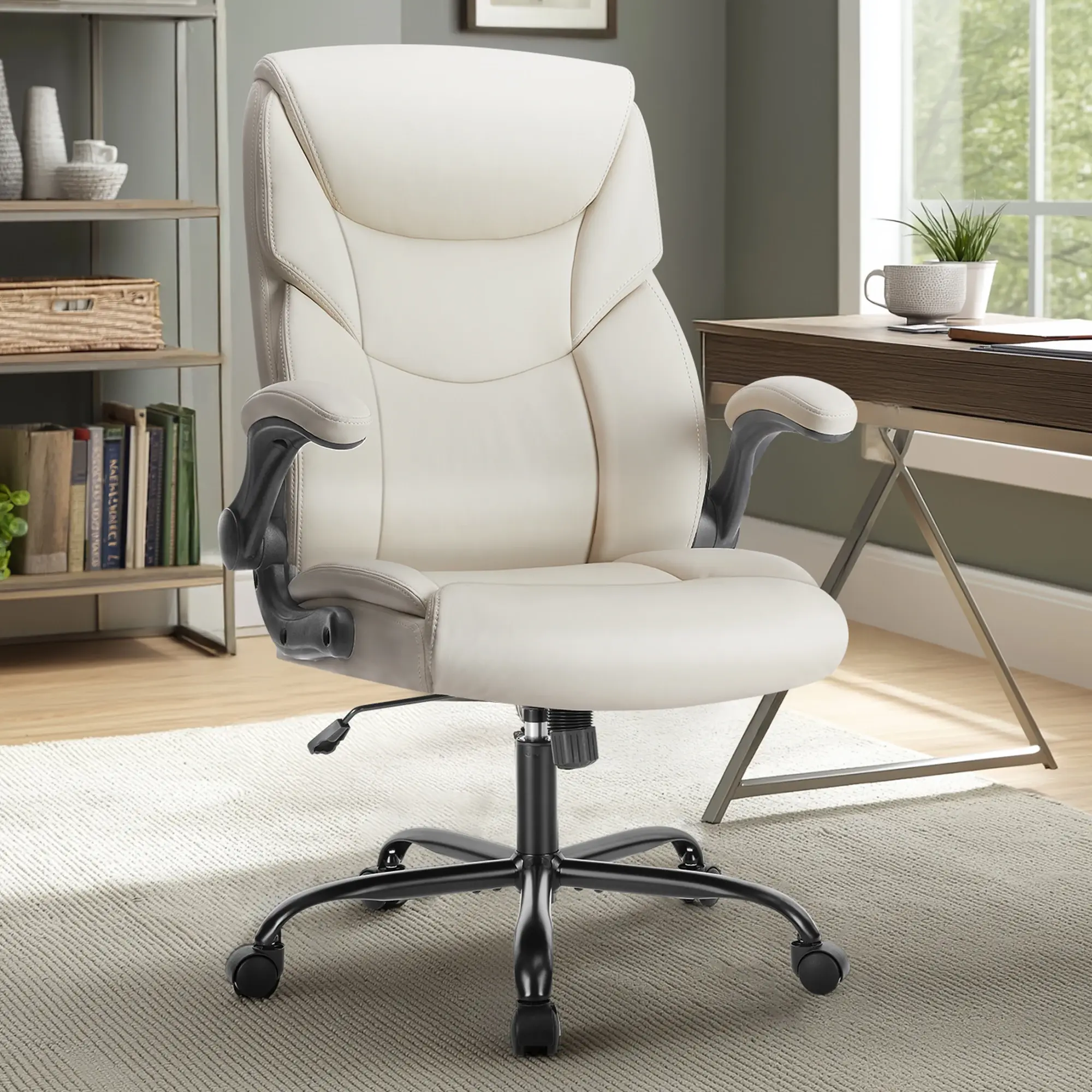 Ergonomic PU Leather Office Chair with Flip-Up Arms and Swivel