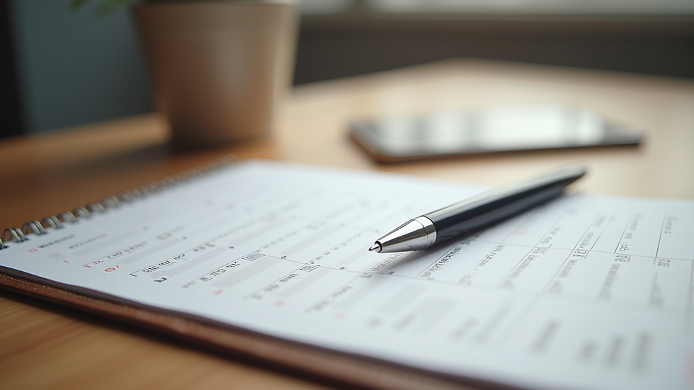 Close-up view of a calendar and a pen on a wooden table