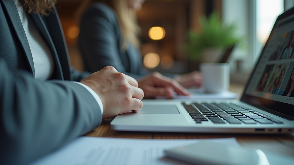 Eye-level view of a professional recruiter reviewing candidate profiles on a laptop