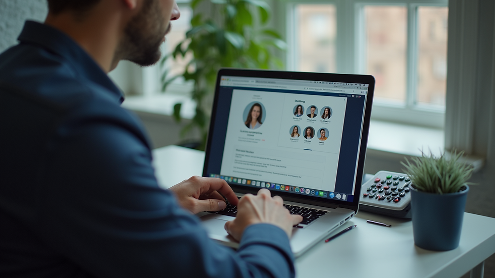 Close-up view of a recruiter reviewing candidate profiles on a laptop screen