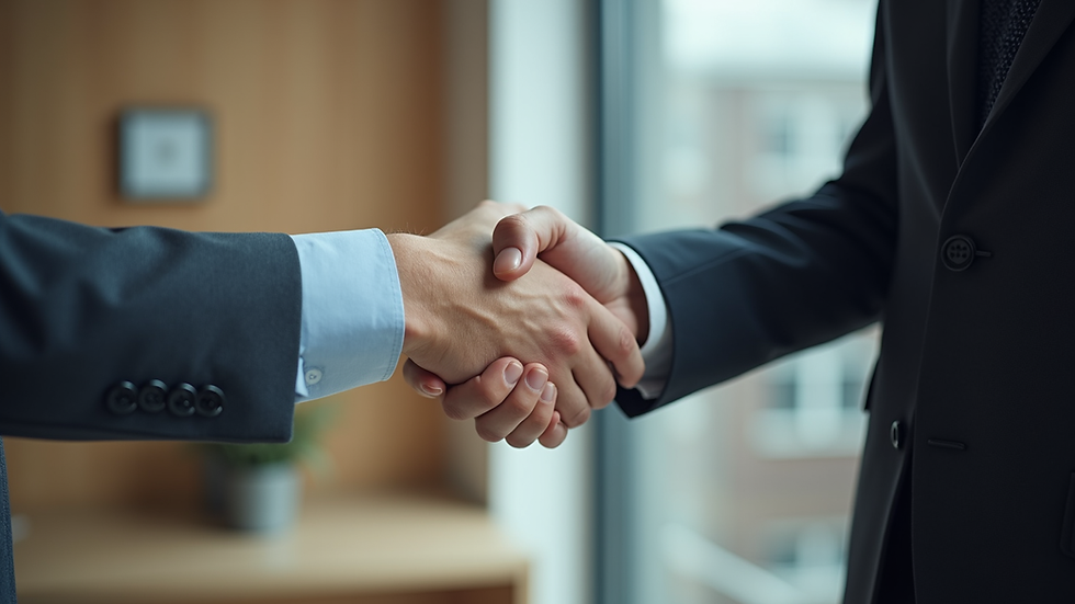 Eye-level view of a professional shaking hands in an office setting