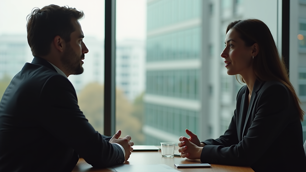 Eye-level view of a professional interview setting with two people discussing