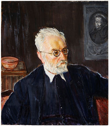 Retrato de Maurice Fromkes de Miguel de Unamuno y Jugo (Bilbao, 1864-Salamanca, 1936). Filósofo, escritor e historiador. Al fondo, en el ángulo superior derecho, aparece la efigie de Fray Luis de León realizada a partir de la estampa grabada en 1788. Museo del Prado.