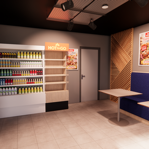 Photorealistic 3D visualisation of a modern supermarket bakery seating area, featuring a grab and go food display, illuminated shelving, timber feature wall panels, upholstered booth seating, and contemporary lighting designed to create a warm, welcoming customer experience.