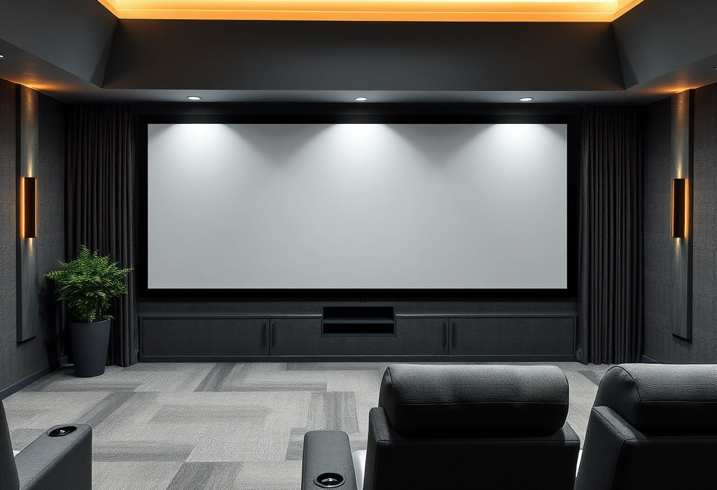 Modern home theater with large screen and recliners