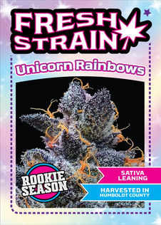 Front/Back of Fresh Strain Verified Genetics Trading Cards for the Unicorn Rainbows Cultivar including stats and details about growing region and more.