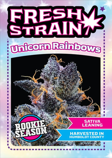 Front/Back of Fresh Strain Verified Genetics Trading Cards for the Unicorn Rainbows Cultivar including stats and details about growing region and more.