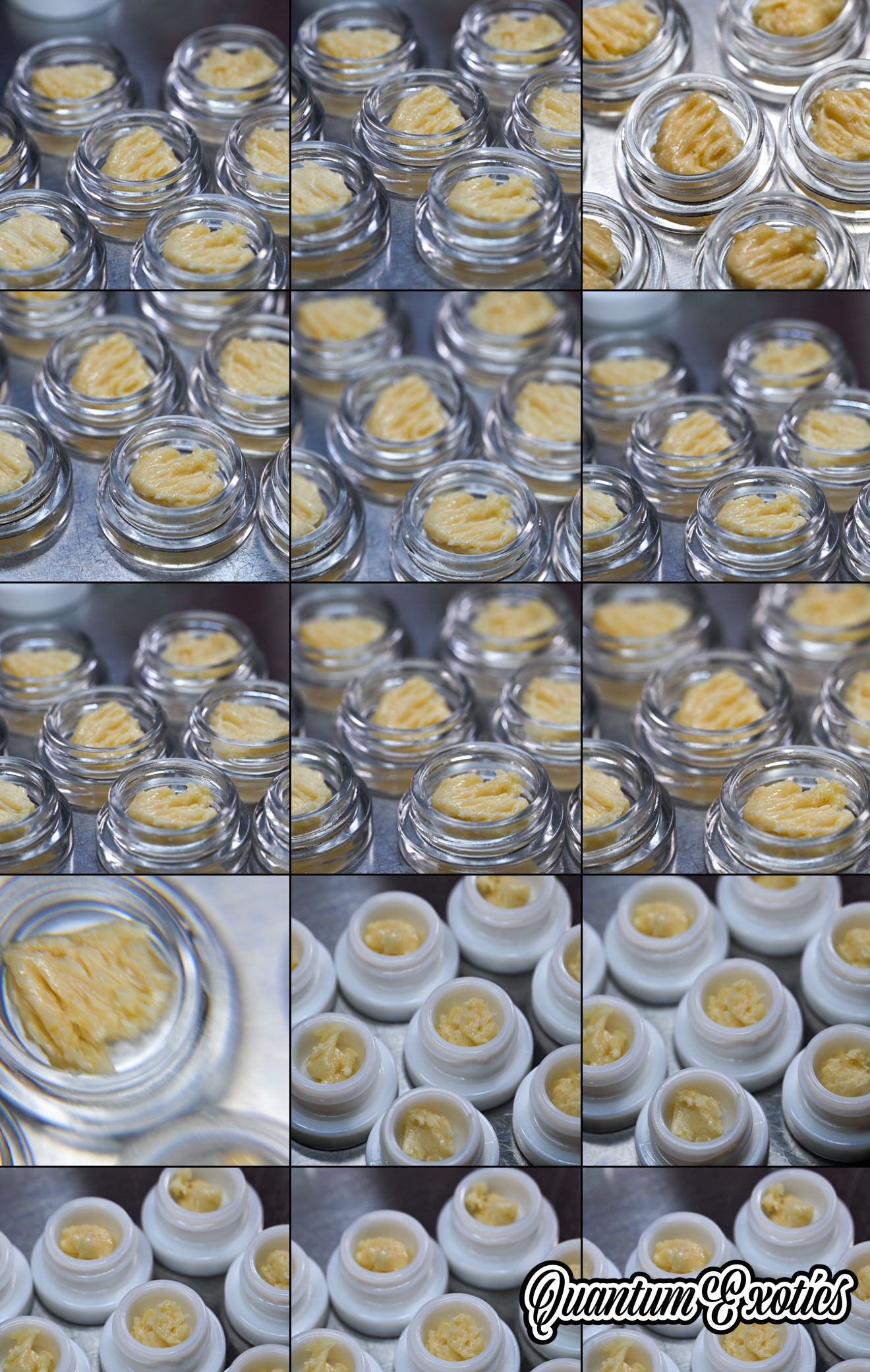 Rows of cannabis concentrate in jars, Quantum Exotics product packaging.