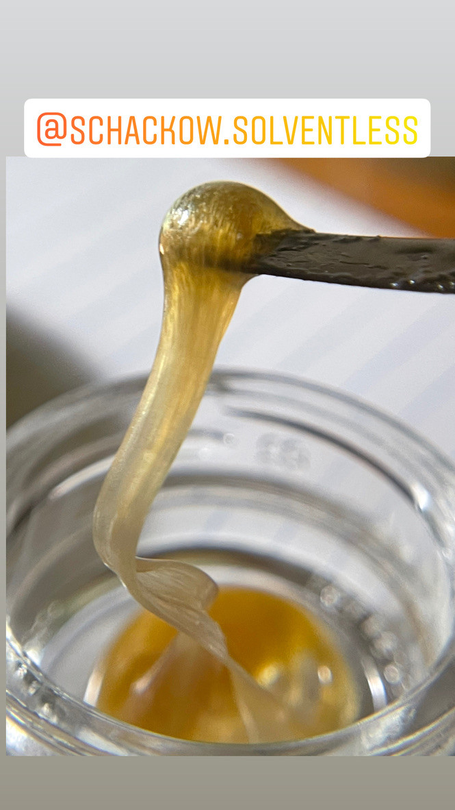 Stringy fresh translucent hash rosin pulling out of the jar.