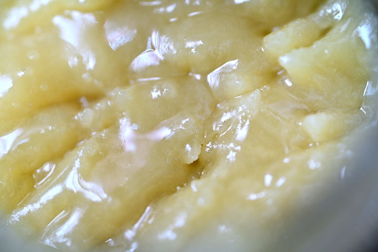 Close-up of pale yellow, translucent substance