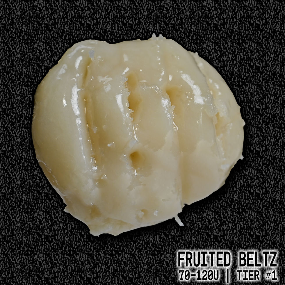 Close-up of Fruited Beltz. 70-120U | Tier #1. Live Rosin Gummies. Quantum Exotics.