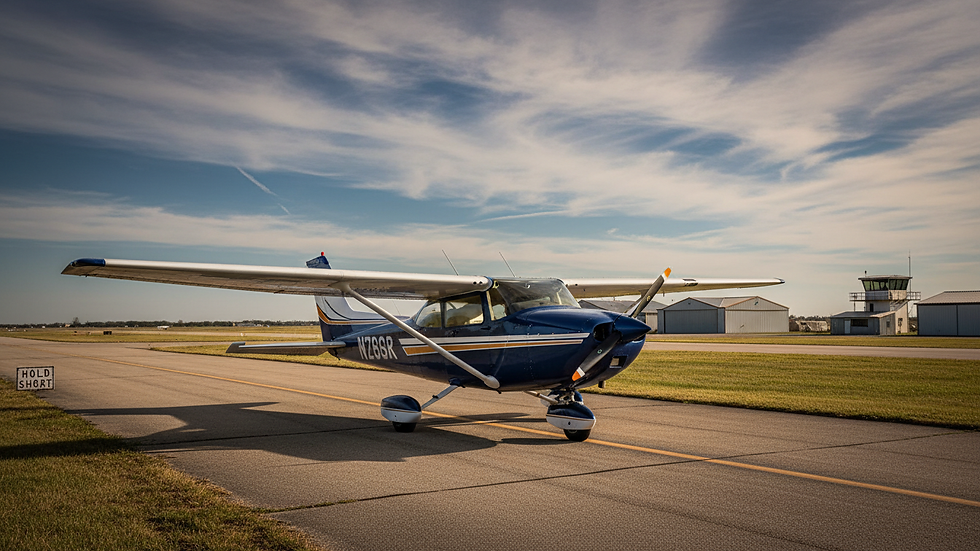 eye-level view of a small training airplane on a runway at a regional airfield