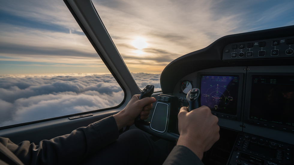Close-up view of a pilot's hands on the control yoke inside a training aircraft