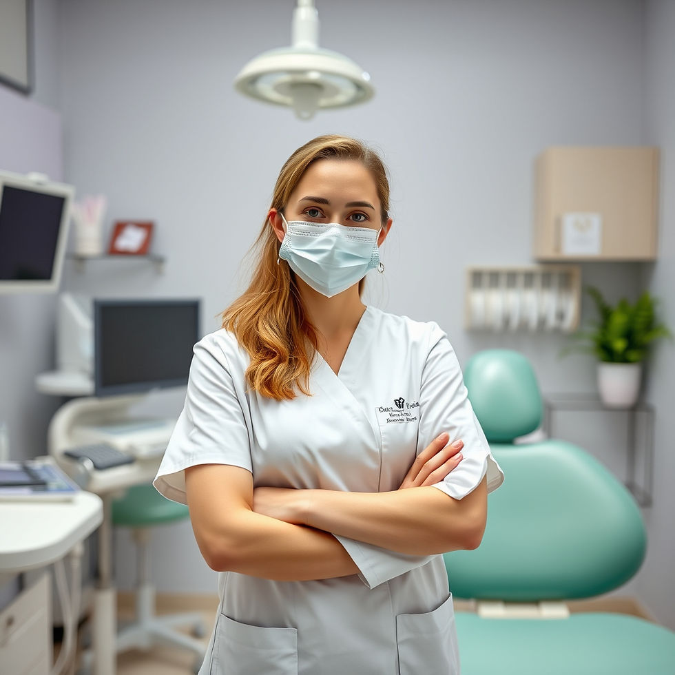 a female dentist standing in her dental clinic with arms folded and smiling.jpg