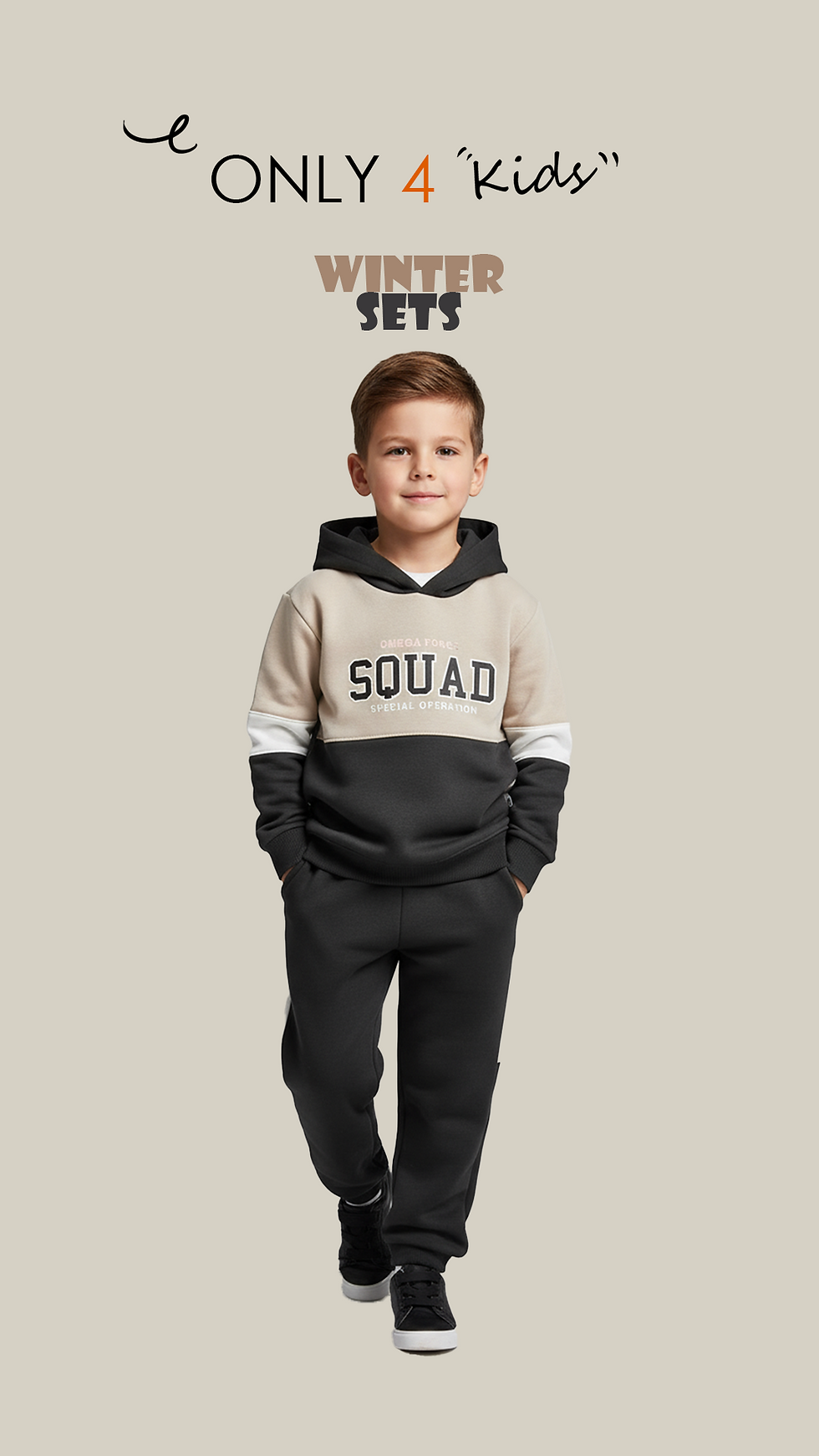Little boy in beige and black hoodie winter set walking, Only 4 Kids “Winter Sets” banner.