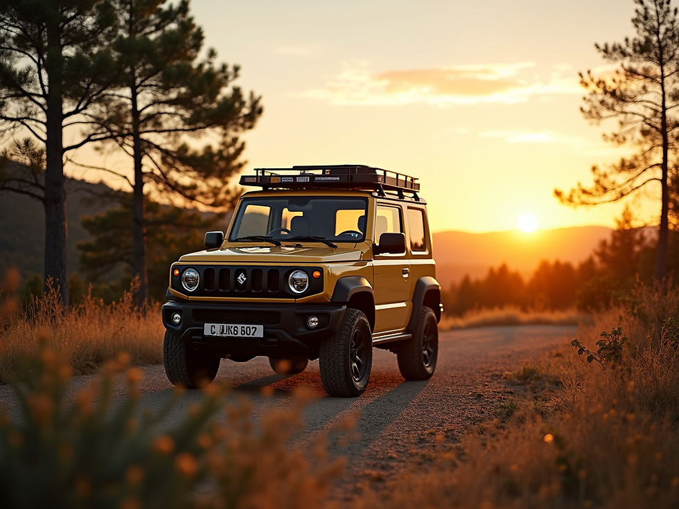 Gold off-road SUV on a rural road at sunset, pine trees framing a warm orange sky; license plate reads CJKS 607.