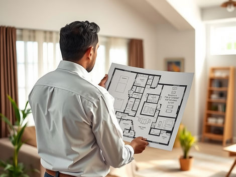 Person reviewing property floor plan in Singapore with compass and documents