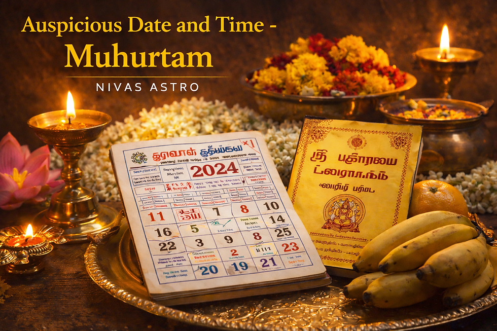 Tamil calendar, panchangam, lamps, fruits, and flowers in a South Indian setting.