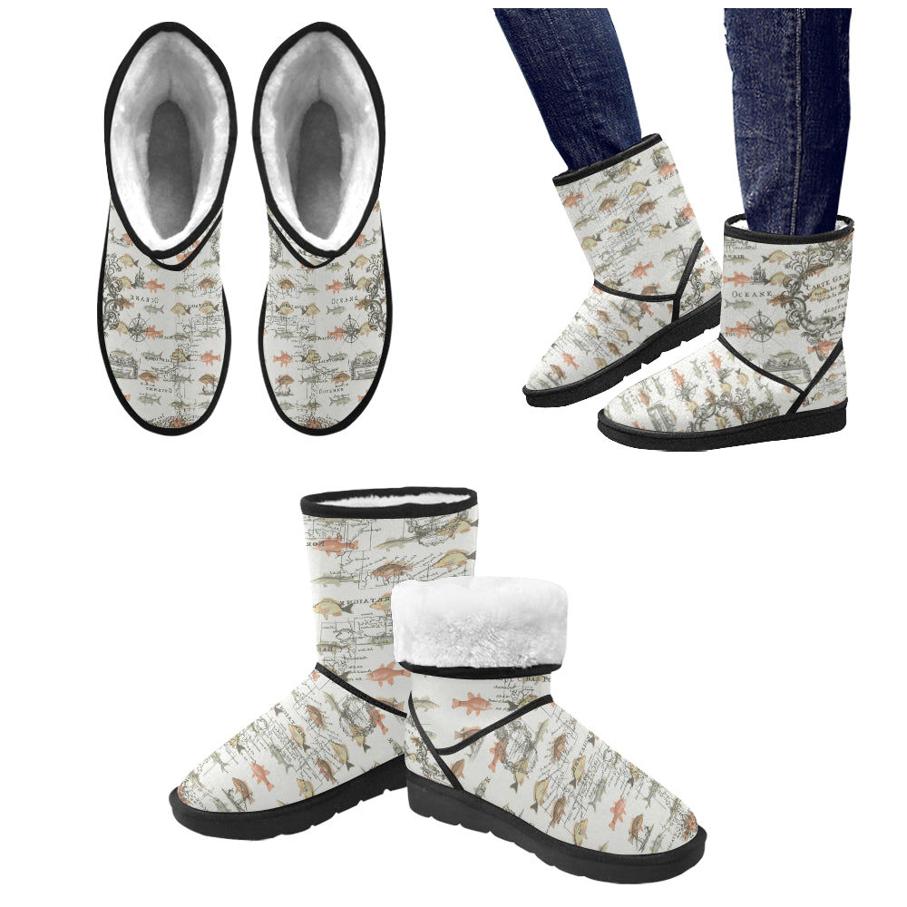 FISH AND A NAUTICAL MAP Unisex All Over Print Snow Boots