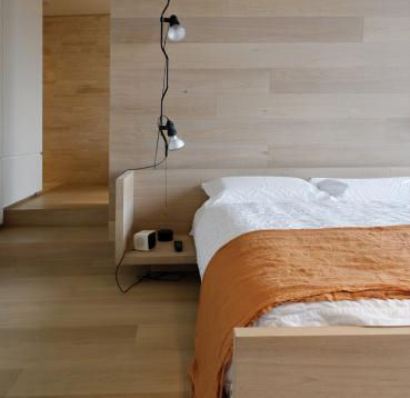 Bed, night stand, and bedroom accents made from White Oak.