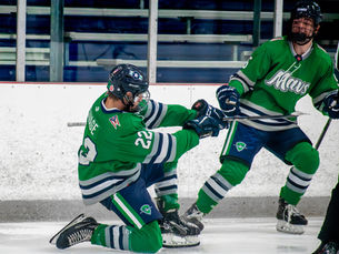 Columbus Mavericks forward, Brian Savage, celebrates after his game-winning goal over the Metro Jets.