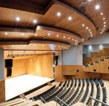 White oak paneling in a large concert hall.