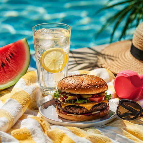 A hamburger and watermelon sit next to a pool in the summer.