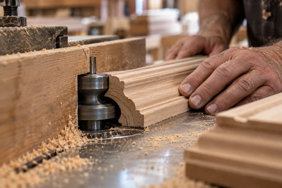 A close up action shot of architectural mouldings being manufactured from genuine Matson hardwood lumber.