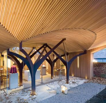 Mass timber architecture in a public space made from white oak.