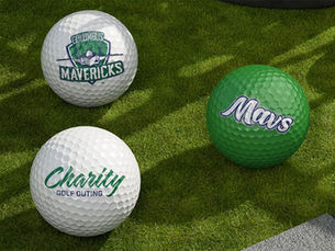 Golf balls with the Columbus Mavericks logo and details of the Columbus Mavericks Charity Golf Outing