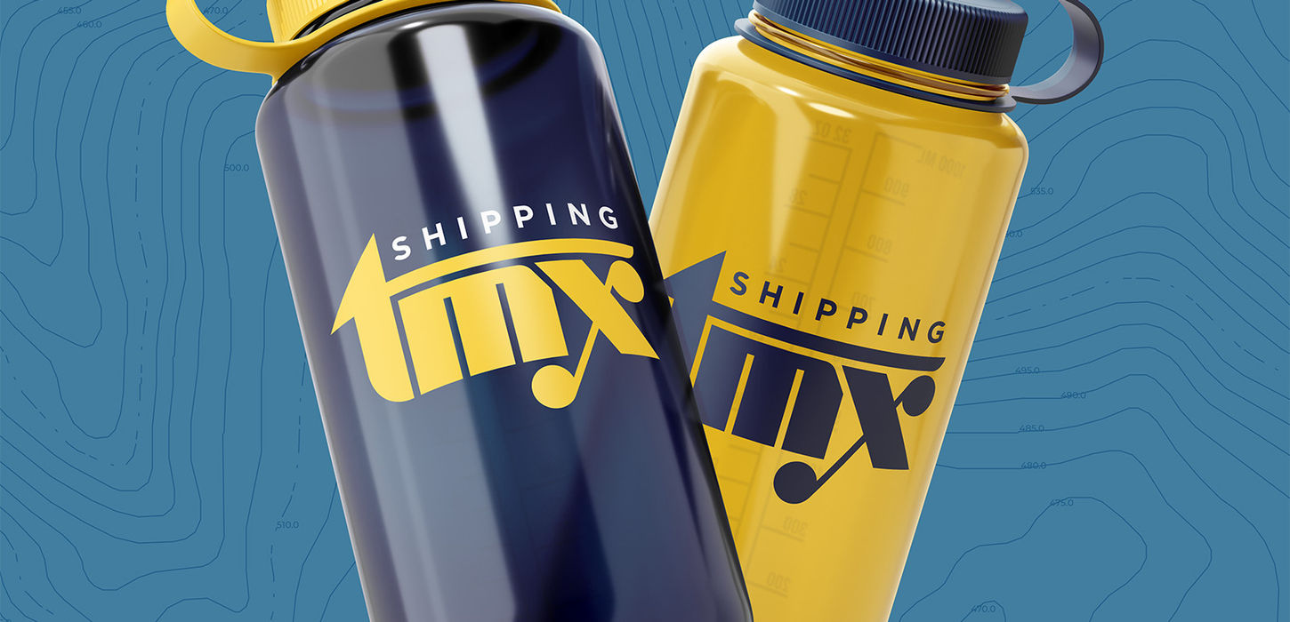 Two water bottles with the TMX Shipping logo