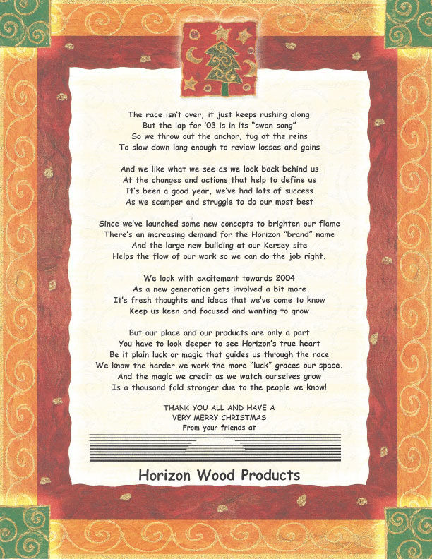 Horizon Wood Products Holiday Poem - 2003