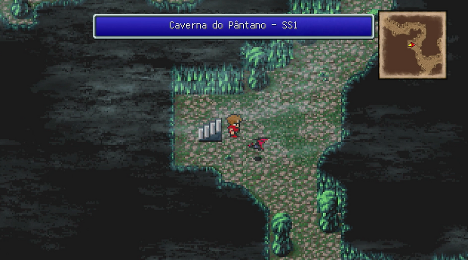 Personagem pixelado "Caverna do Pântano - SS1" em pântano escuro Final Fantasy I.