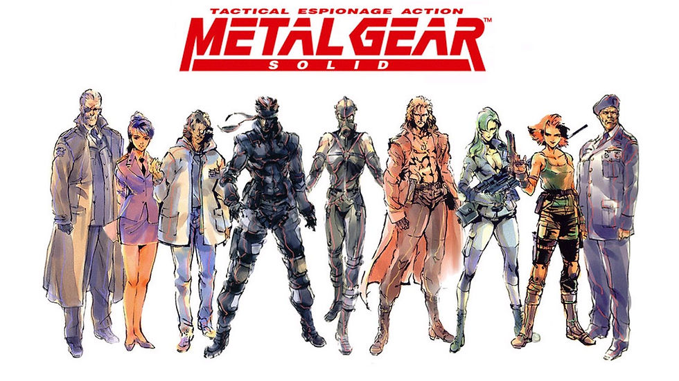 Ilustração de oito personagens de Metal Gear Solid em poses diversas. Texto: "Metal Gear Solid" em vermelho no topo, fundo branco.