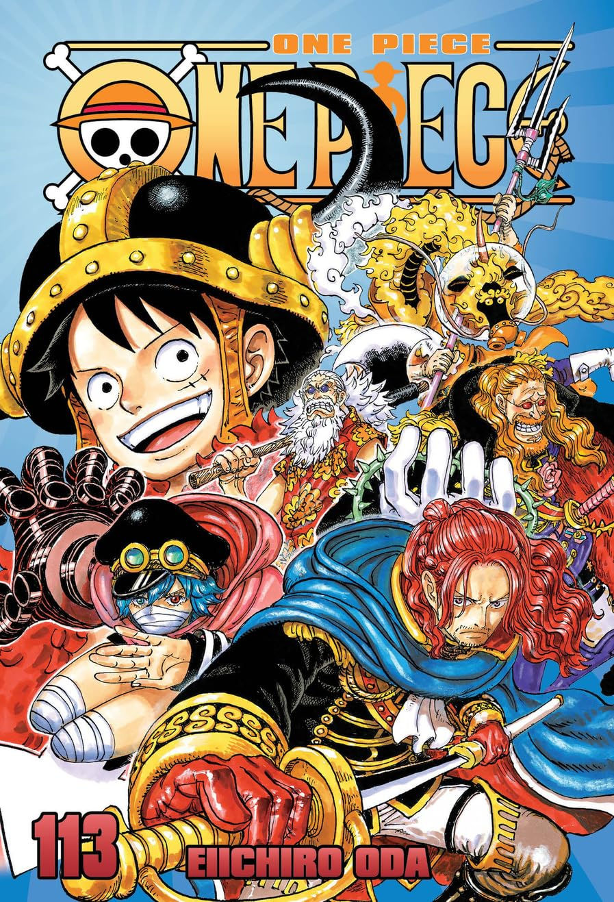Capa do volume 113 de One Piece. Personagens em poses dinâmicas, céu azul ao fundo, expressões intensas. Texto: "One Piece" e "Eiichiro Oda".