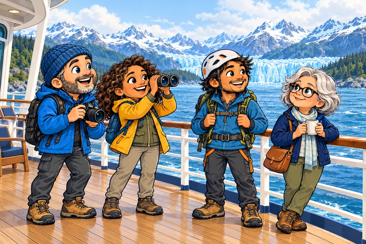 Four illustrated Alaska travelers on a cruise ship deck