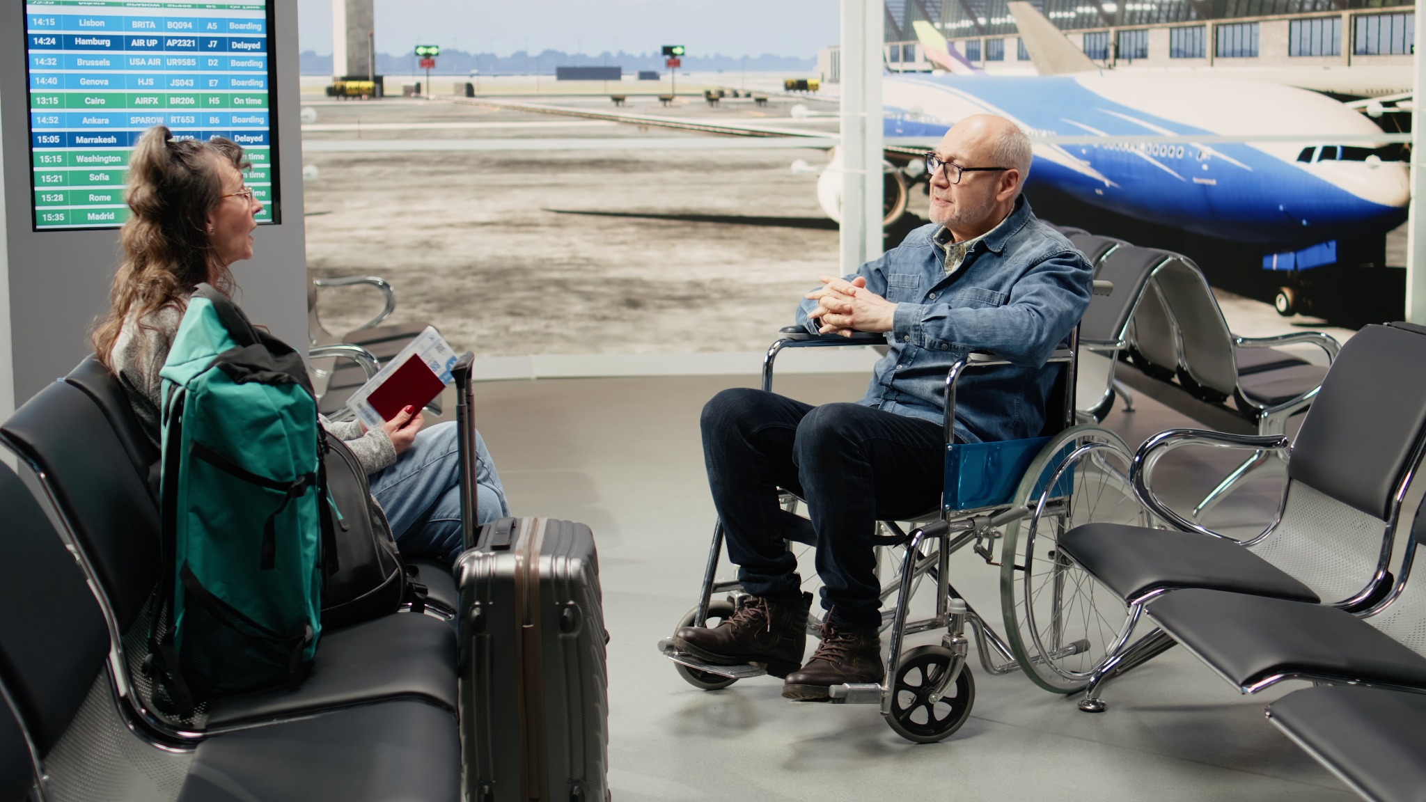 Older man using a wheelchair and woman waiting together at an airport terminal