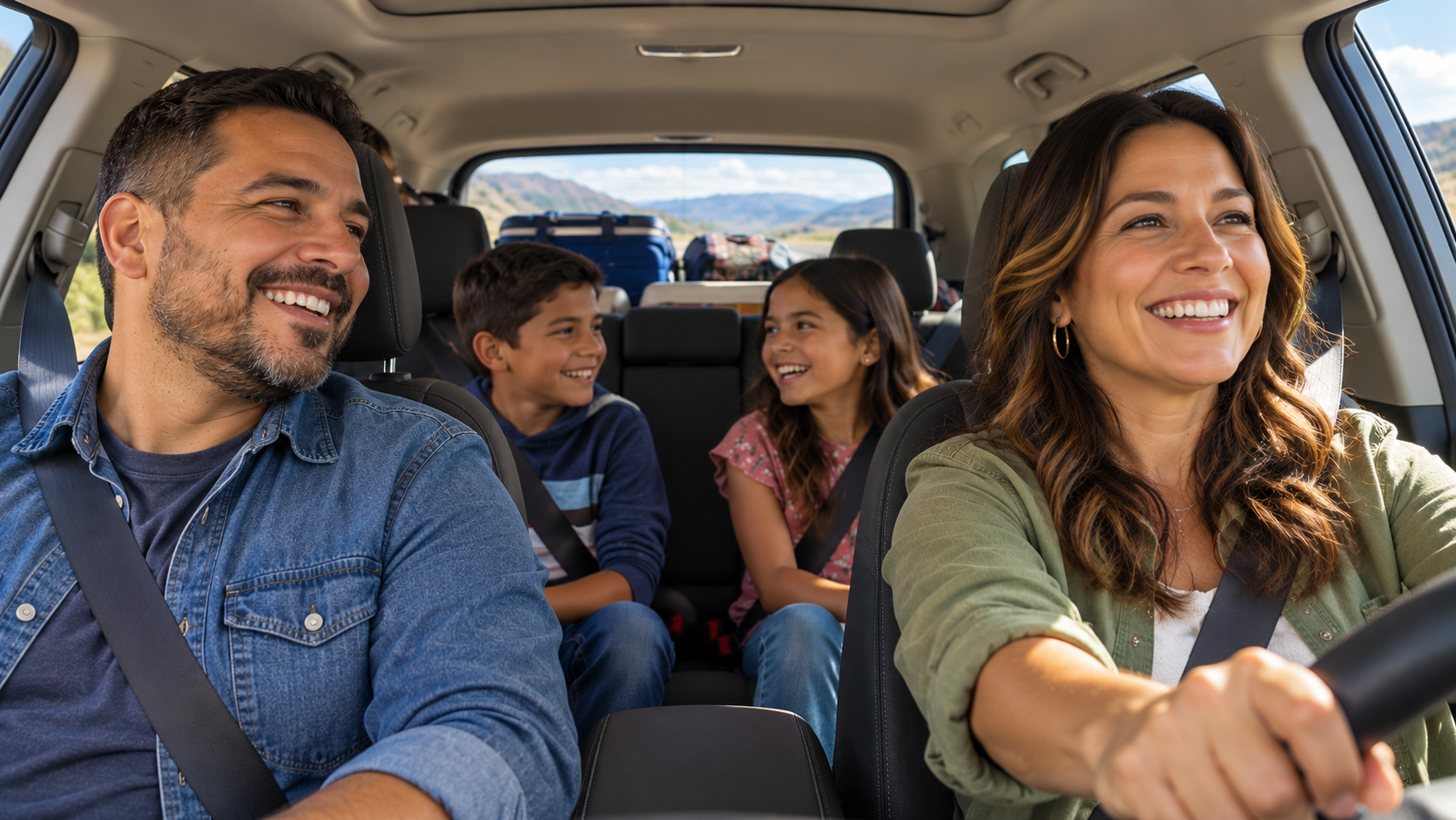 Latino family of four enjoying a road trip with mother driving, father in passenger seat, and two children in back