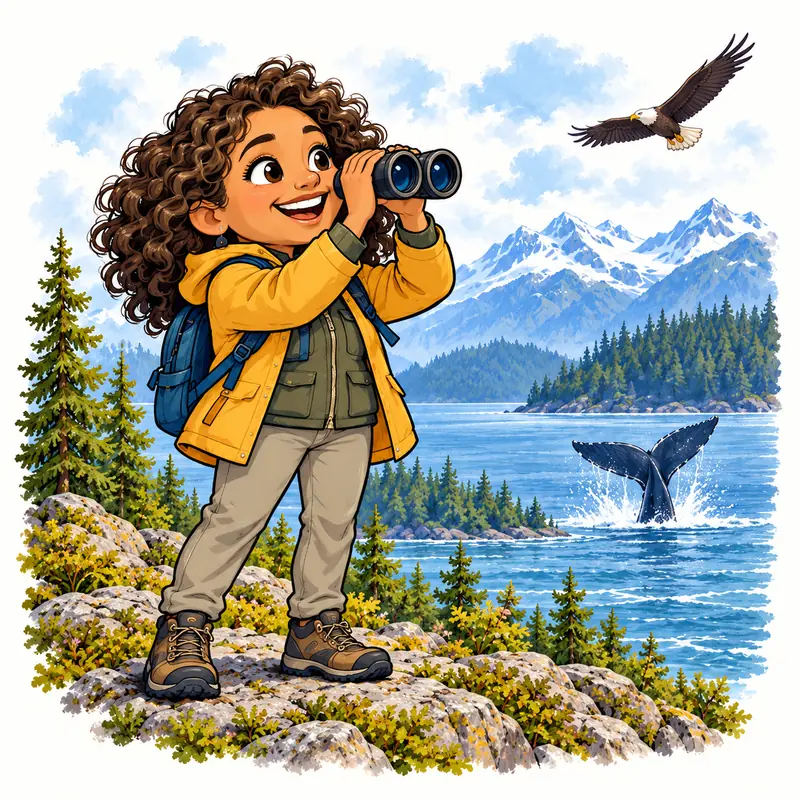 Wildlife cruiser with binoculars watching a whale and eagle
