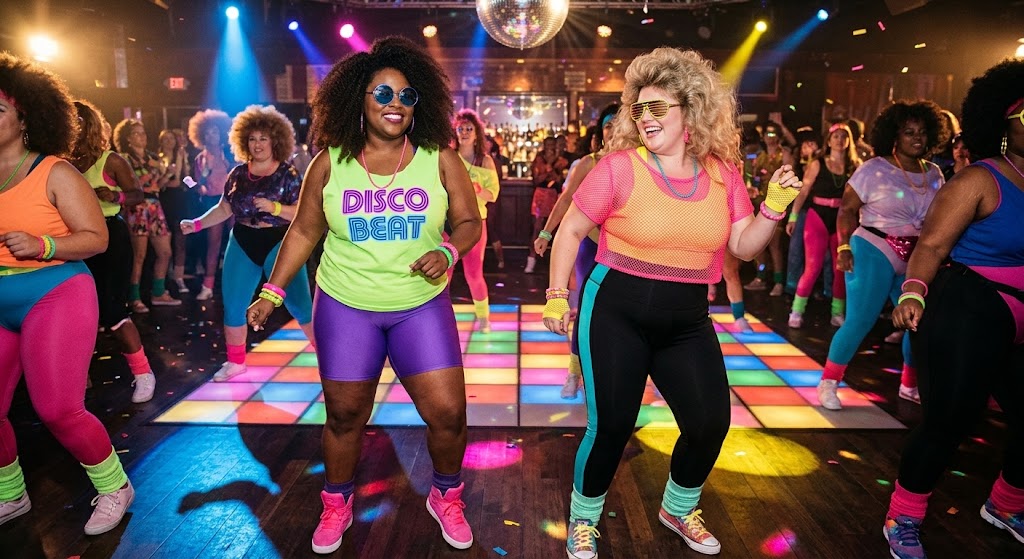 Women enjoying an eighties-themed dance party