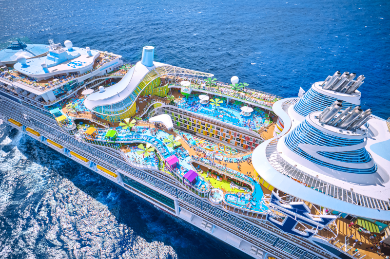 Royal Caribbean pool deck with colorful loungers and pools