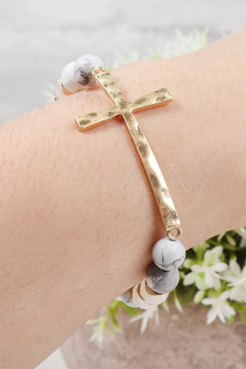 Thumbnail: Hdb2998 - Mix Beads Hammered Cross Bracelet