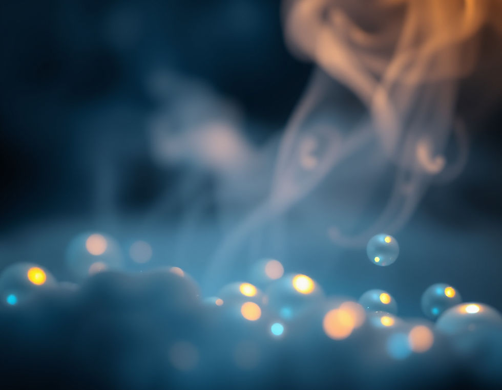 unfocused, iridescent, bath bubbles lit by a golden light; background of dark blue with w