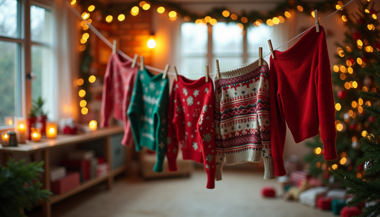 Eye-level view of a cozy room decorated with colorful Christmas jumpers hanging on a clothesline